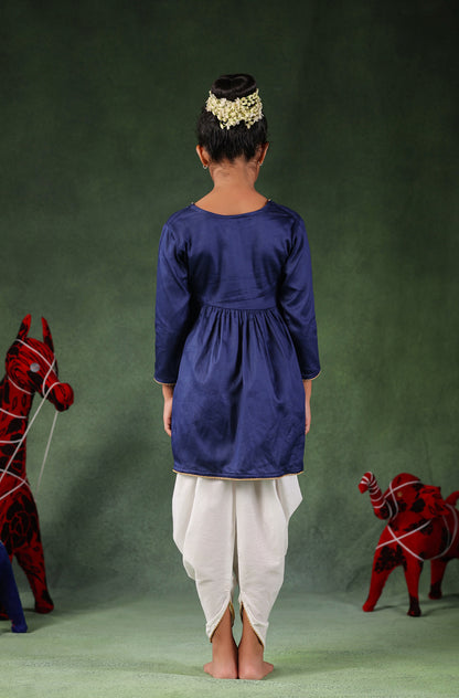 Girl Angarkha Kurta Set- Navy Blue