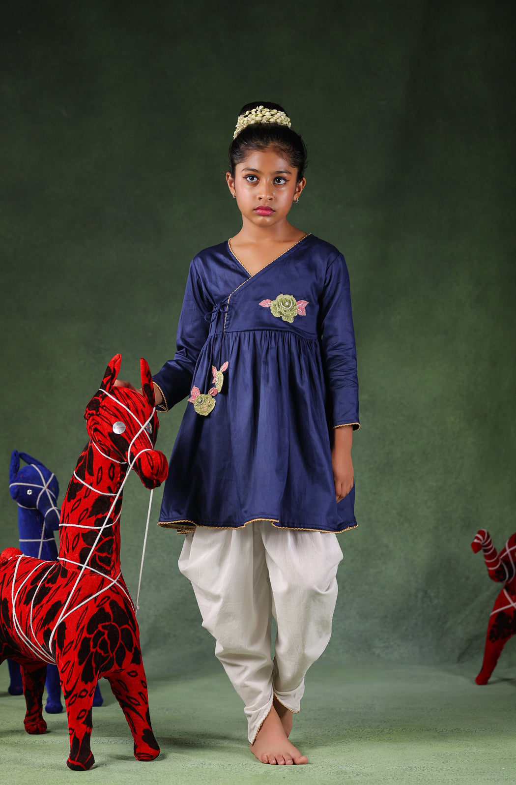 Girl Angarkha Kurta Set- Navy Blue