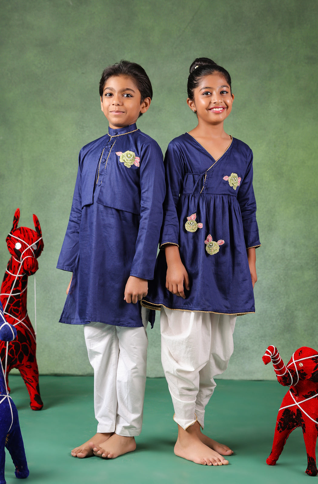 Girl Angarkha Kurta Set- Navy Blue