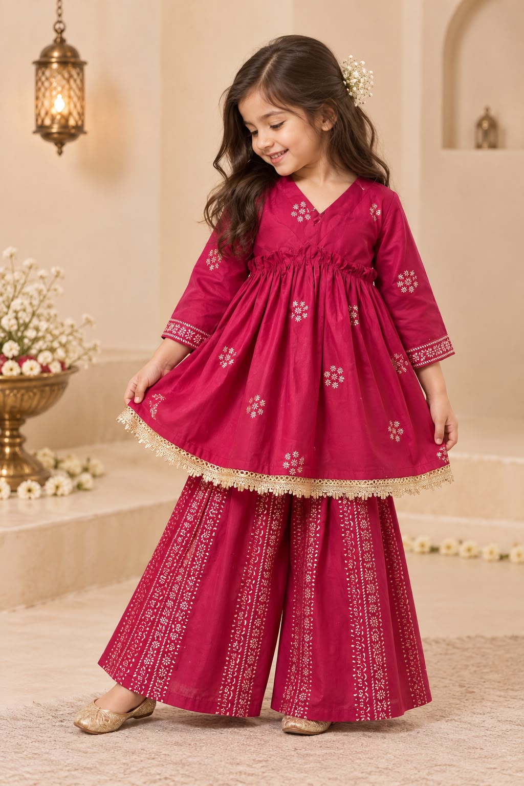 Girl Sitaara Kurta Pallazo Set - Magenta