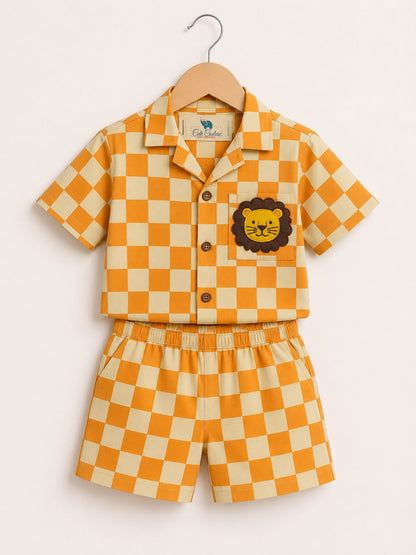 Lion Checks Coord Set - Orange and Light Green