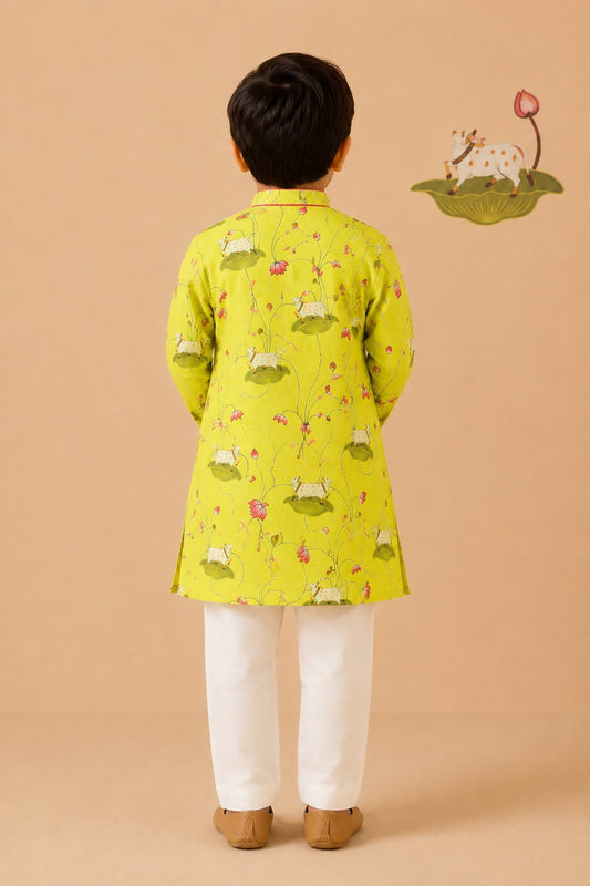 Pichwai Kurta Set - Lemon Yellow