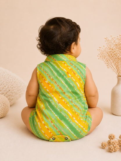 Baby Lehariya Cotton Romper- Green and yellow