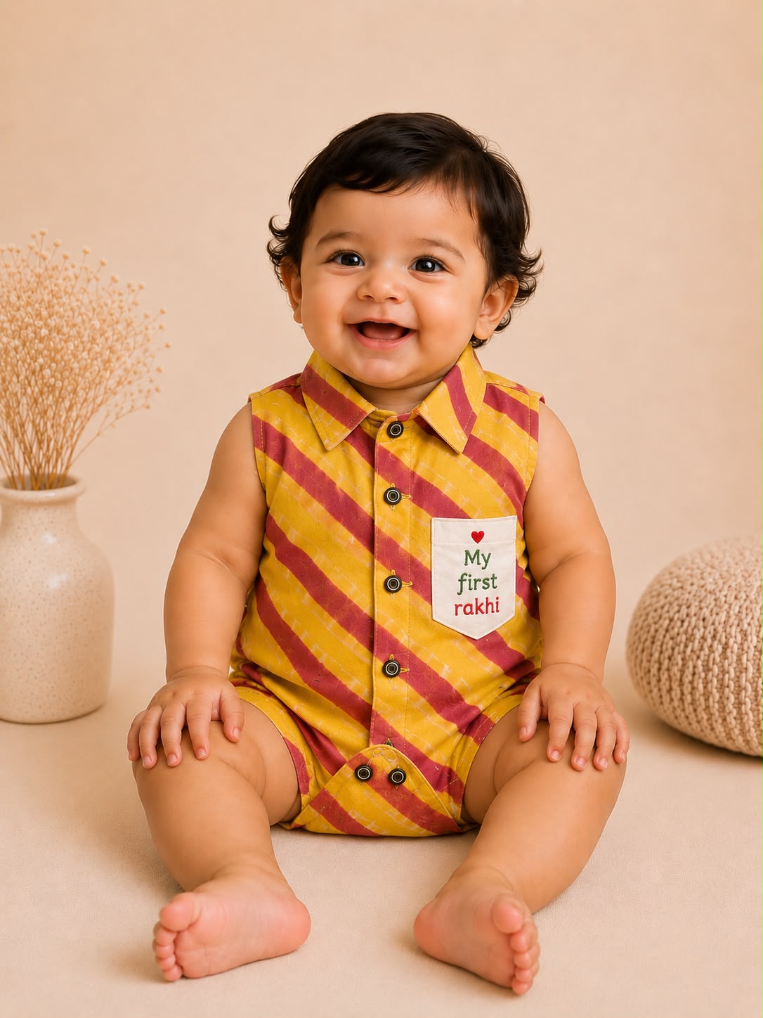 Baby My First Rakhi Lehariya Romper -Red and Yellow