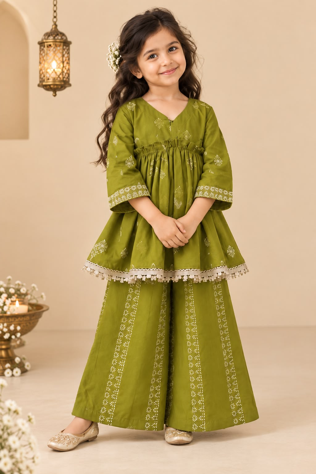 Girl Sitaara Kurta Pallazo Set -Sap Green