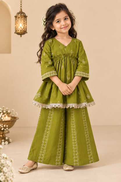 Girl Sitaara Kurta Pallazo Set -Sap Green