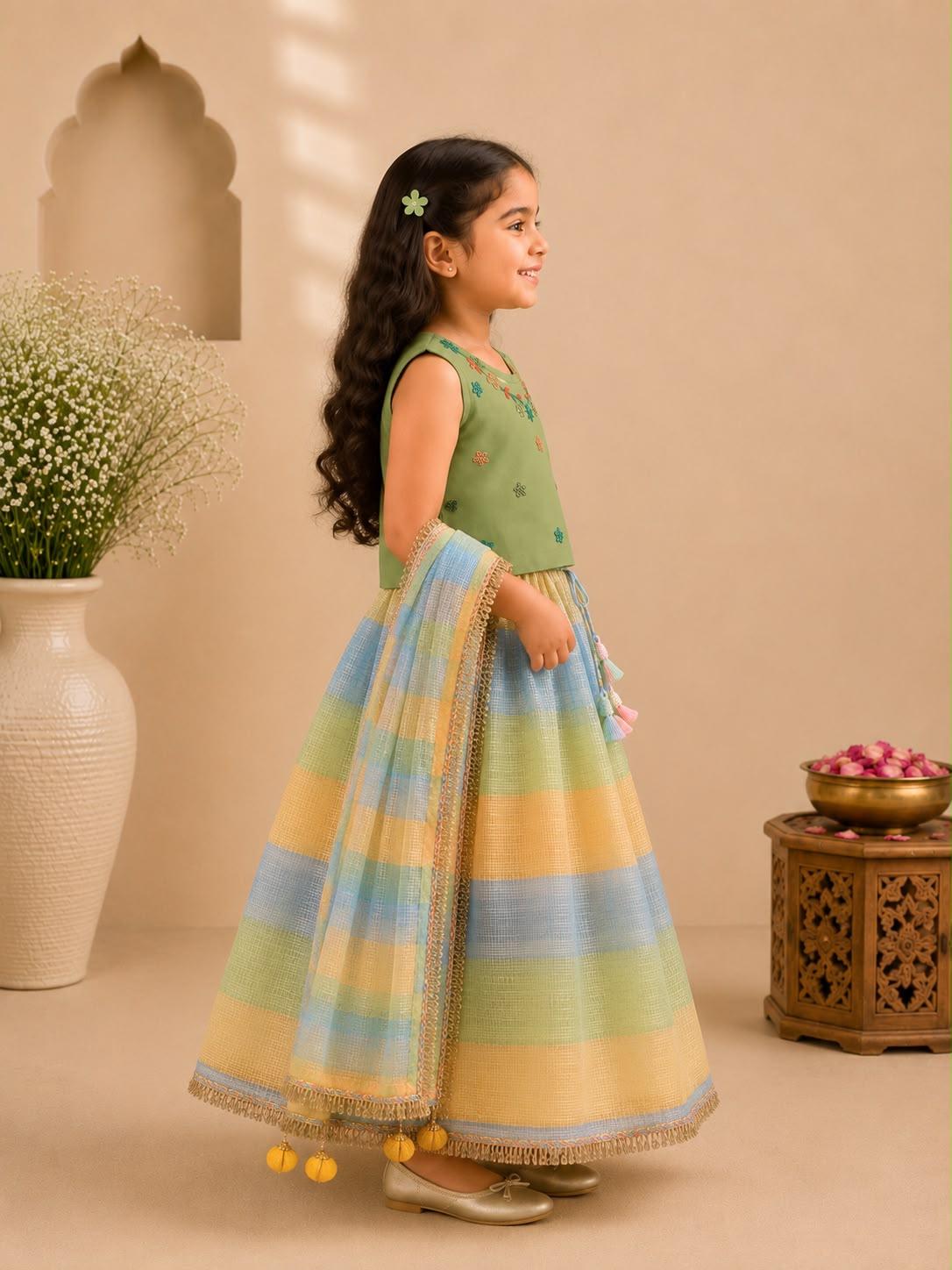 Girl Gulbahar Embroidered Skirt Top Set - Green
