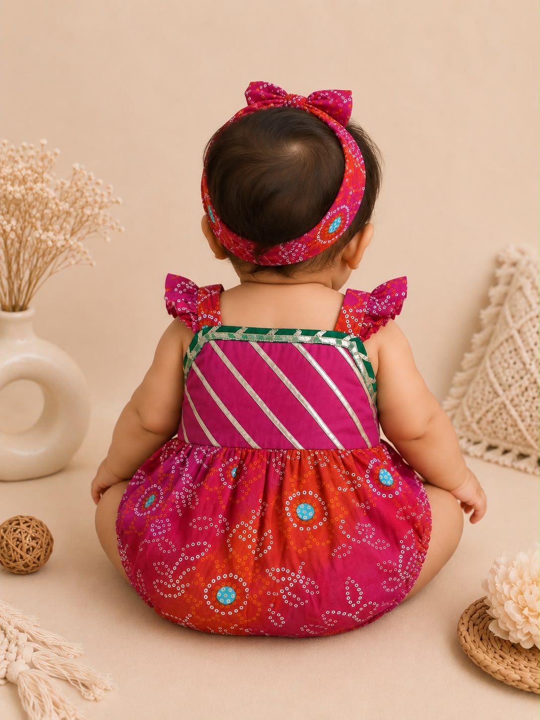 Baby Rajkumari Bandhani Romper - Pinkish Red