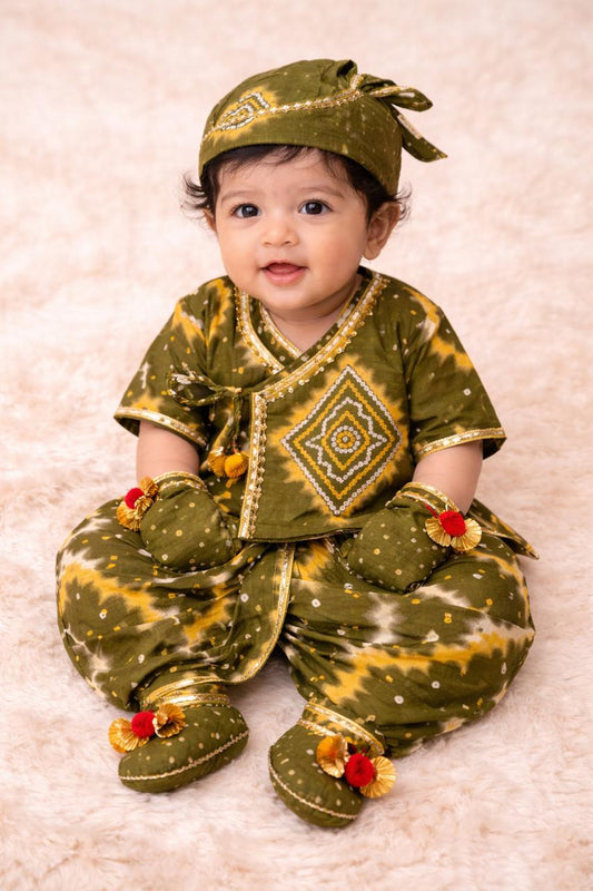 Baby Bhandej Jamna Set -Green and yellow