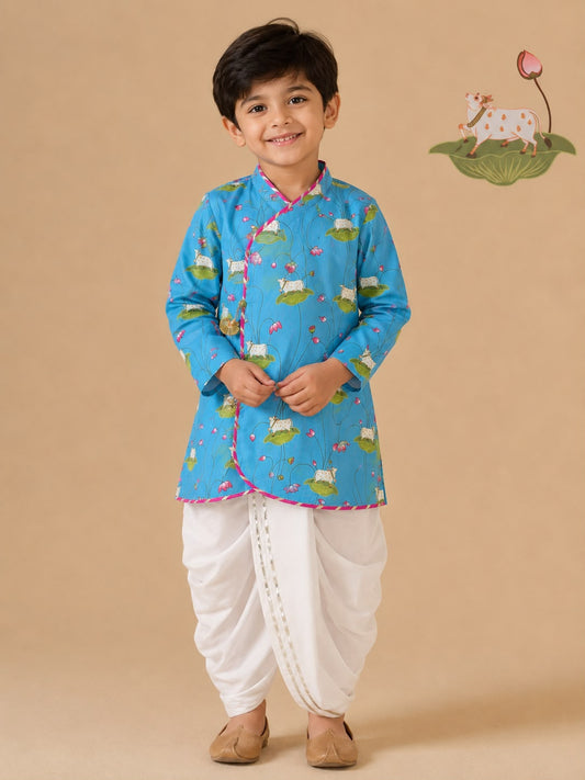 Pichwai Angarkha Kurta Dhoti Set -Turquoise