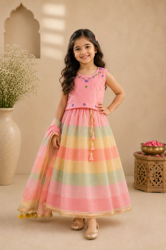 Girl Gulbahar Embroidered Skirt Top Set - Pink