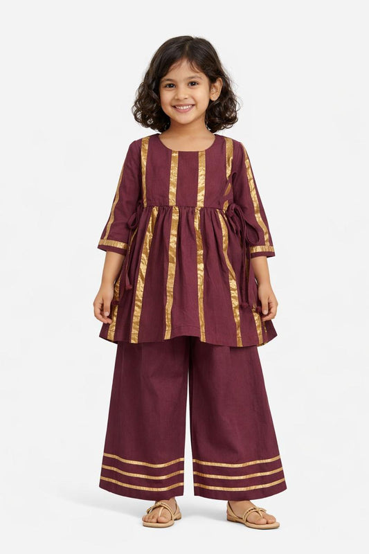 Girl Print Sharara Set - Wine