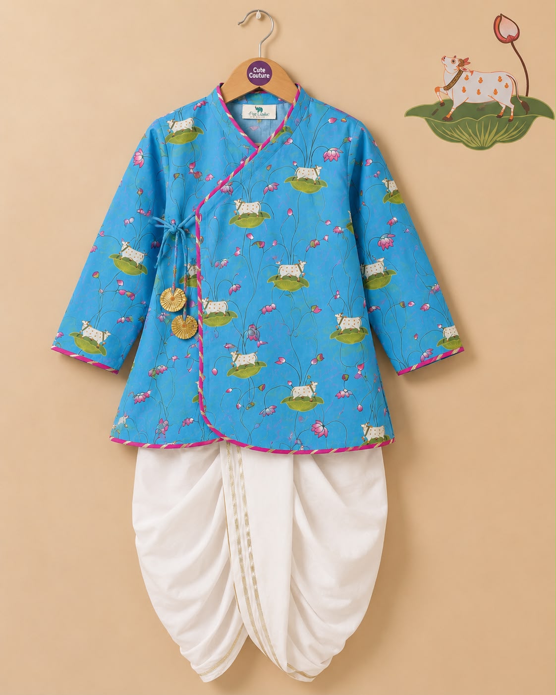 Pichwai Angarkha Kurta Dhoti Set -Turquoise