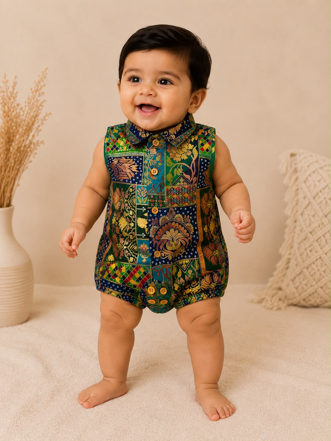 Baby Rajkumar Banarsi Romper - Green