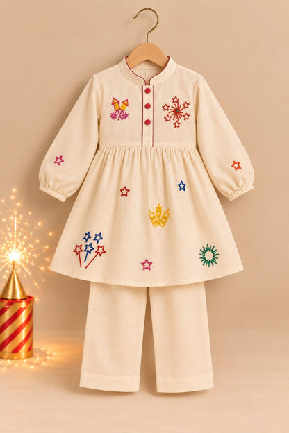 Girl Pataka Kurta Pant Set -Beige