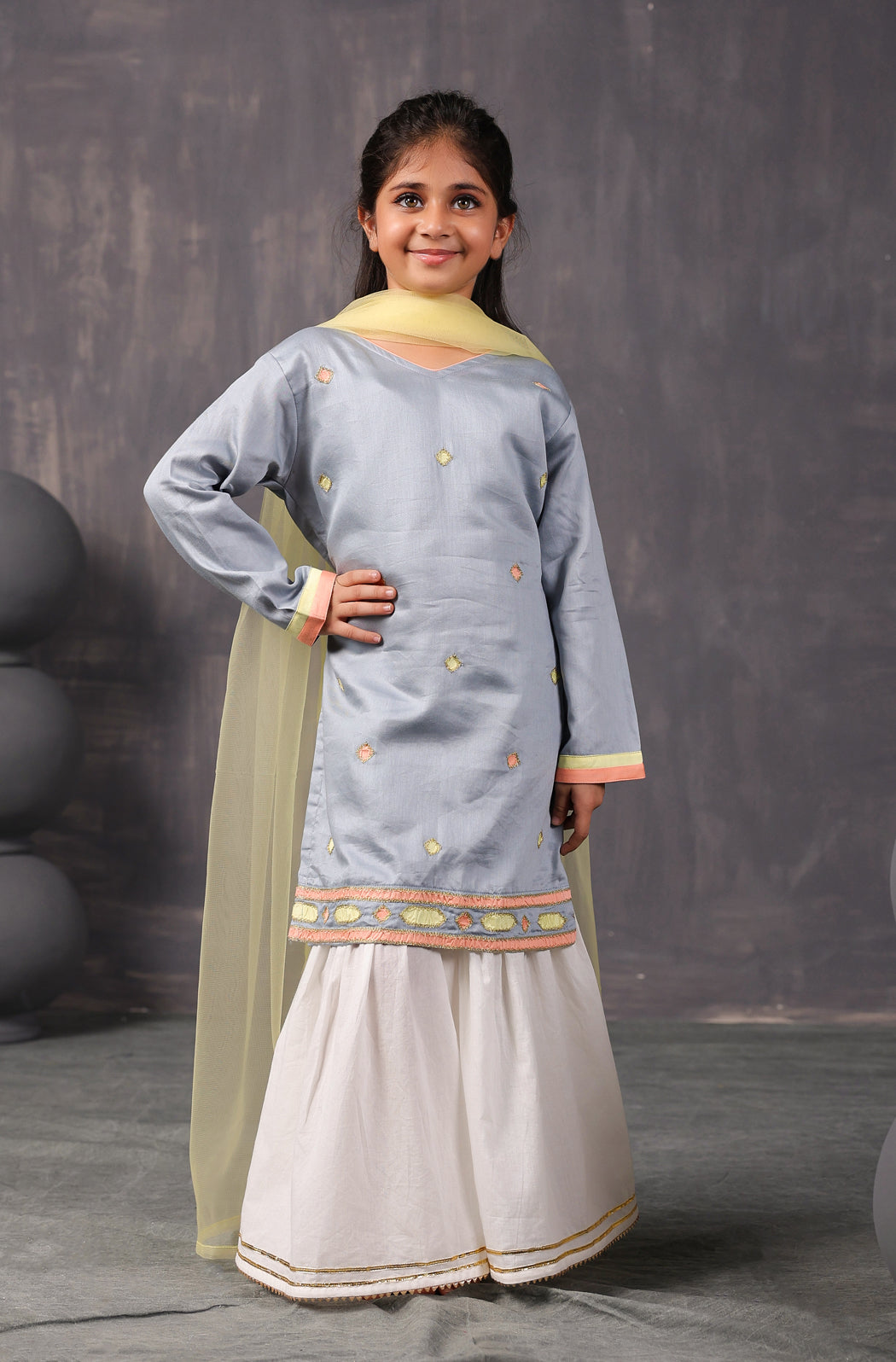 Girls Kurta Sharara Set-Grey