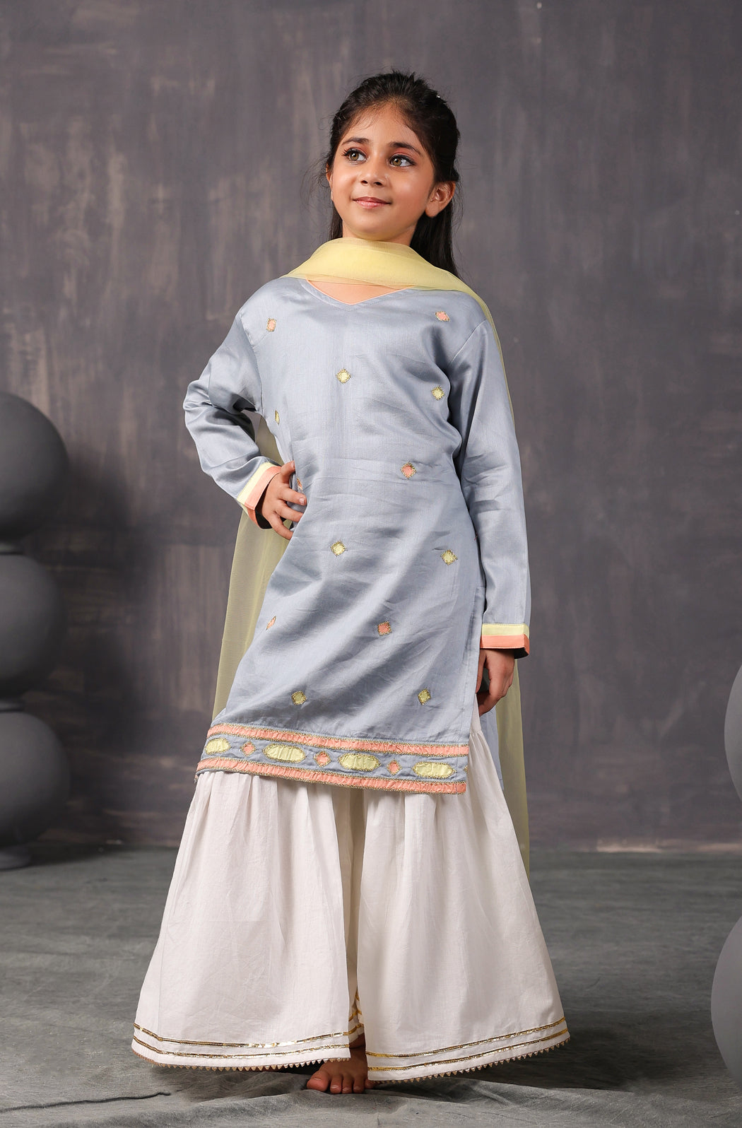 Girls Kurta Sharara Set-Grey