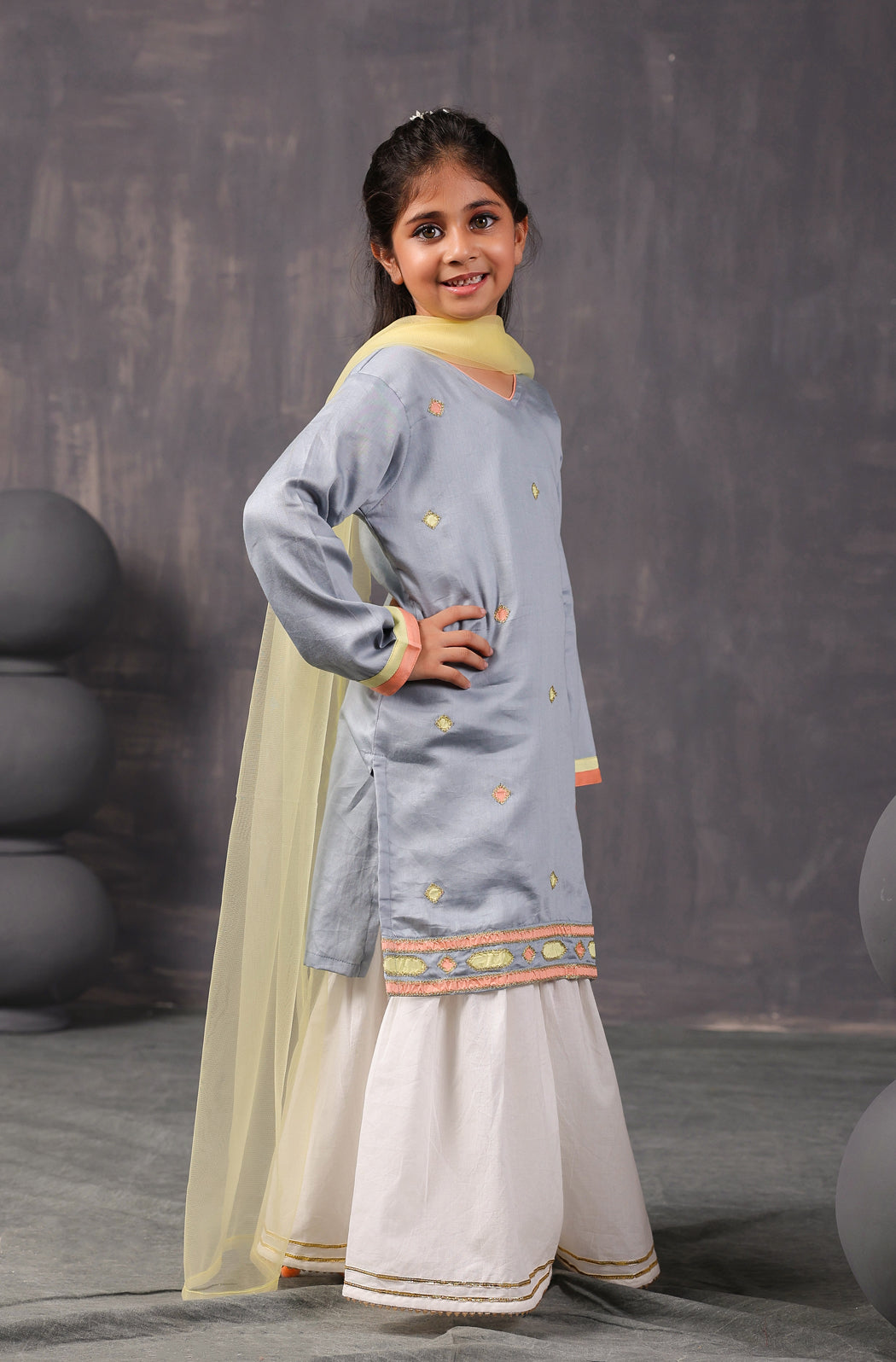 Girls Kurta Sharara Set-Grey