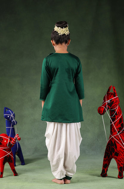 Girl Kurta Dhoti Set- Bottle Green