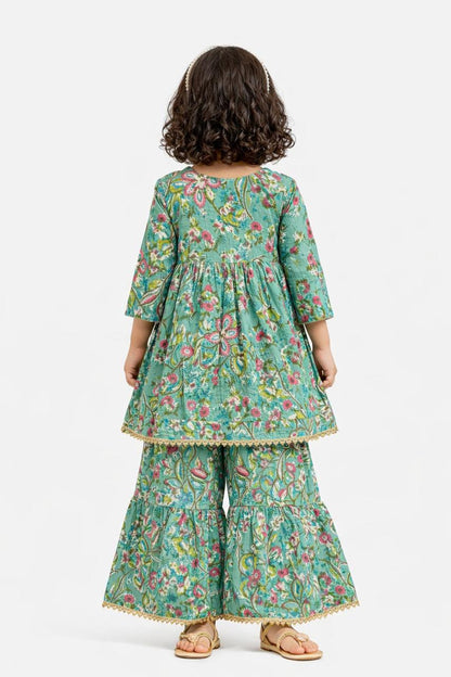 Girl Printed Floral Sharara Set - Green
