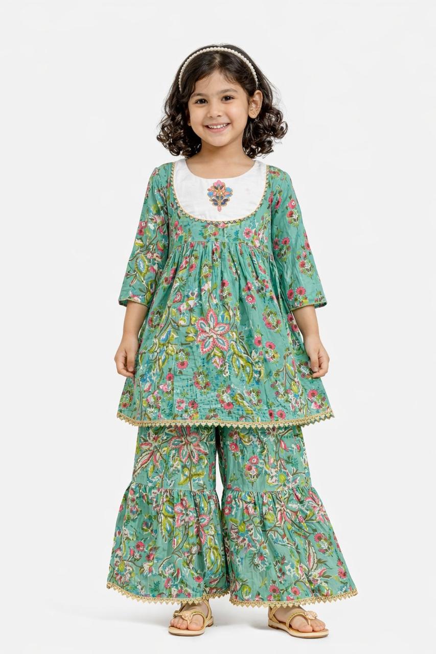 Girl Printed Floral Sharara Set - Green