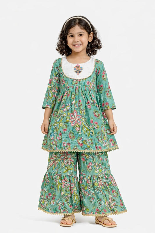 Girl Printed Floral Sharara Set - Green