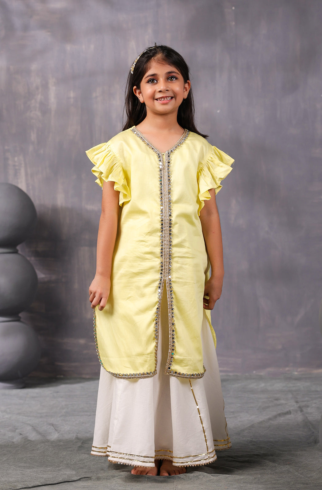 Girl Mirror Kurta Set- Lemon