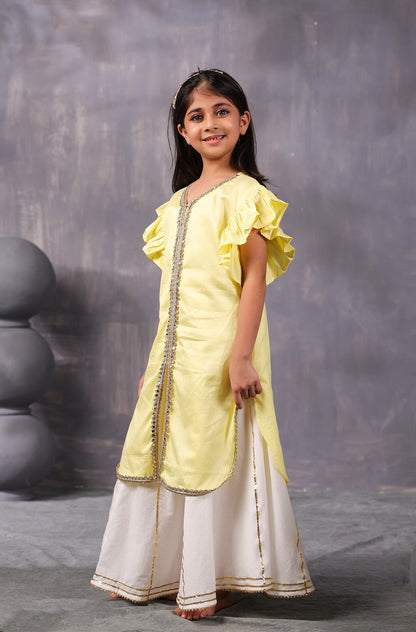 Girl Mirror Kurta Set- Lemon