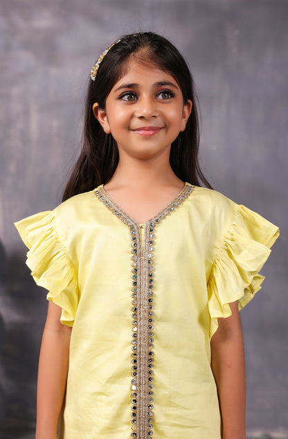 Girl Mirror Kurta Set- Lemon