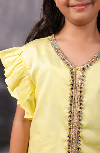 Girl Mirror Kurta Set- Lemon