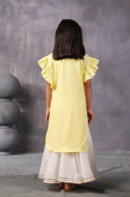 Girl Mirror Kurta Set- Lemon