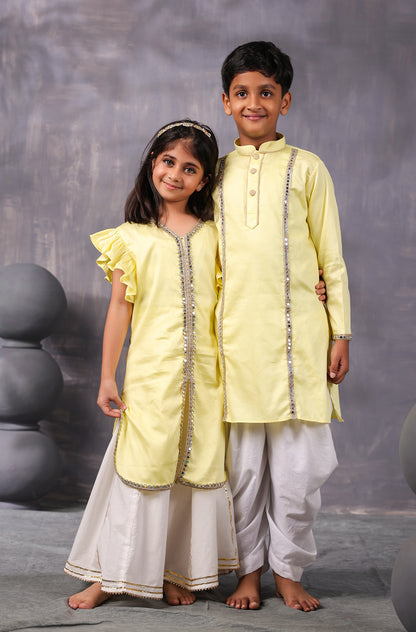 Girl Mirror Kurta Set- Lemon