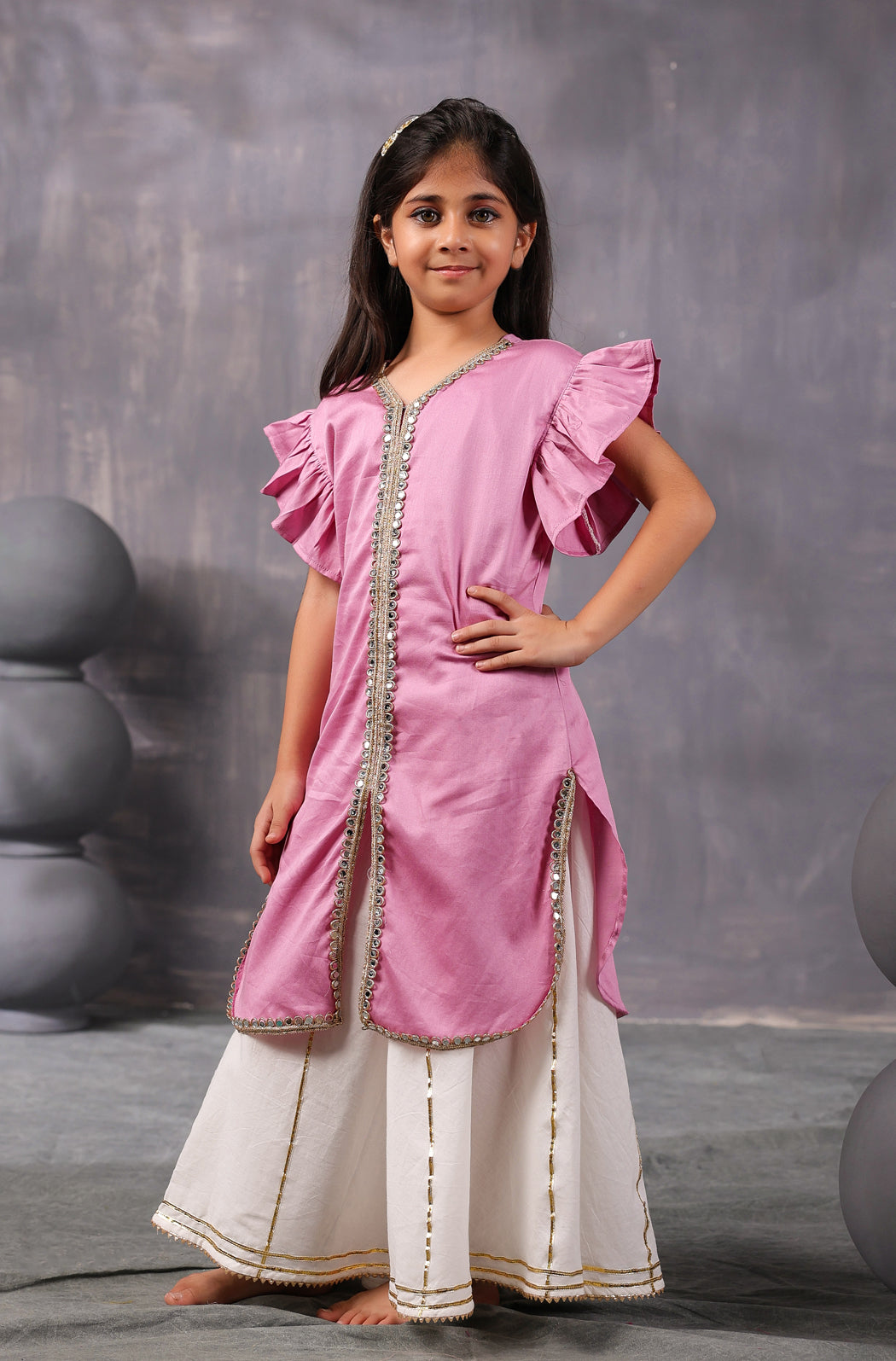 Girl Mirror Kurta Set- Wine