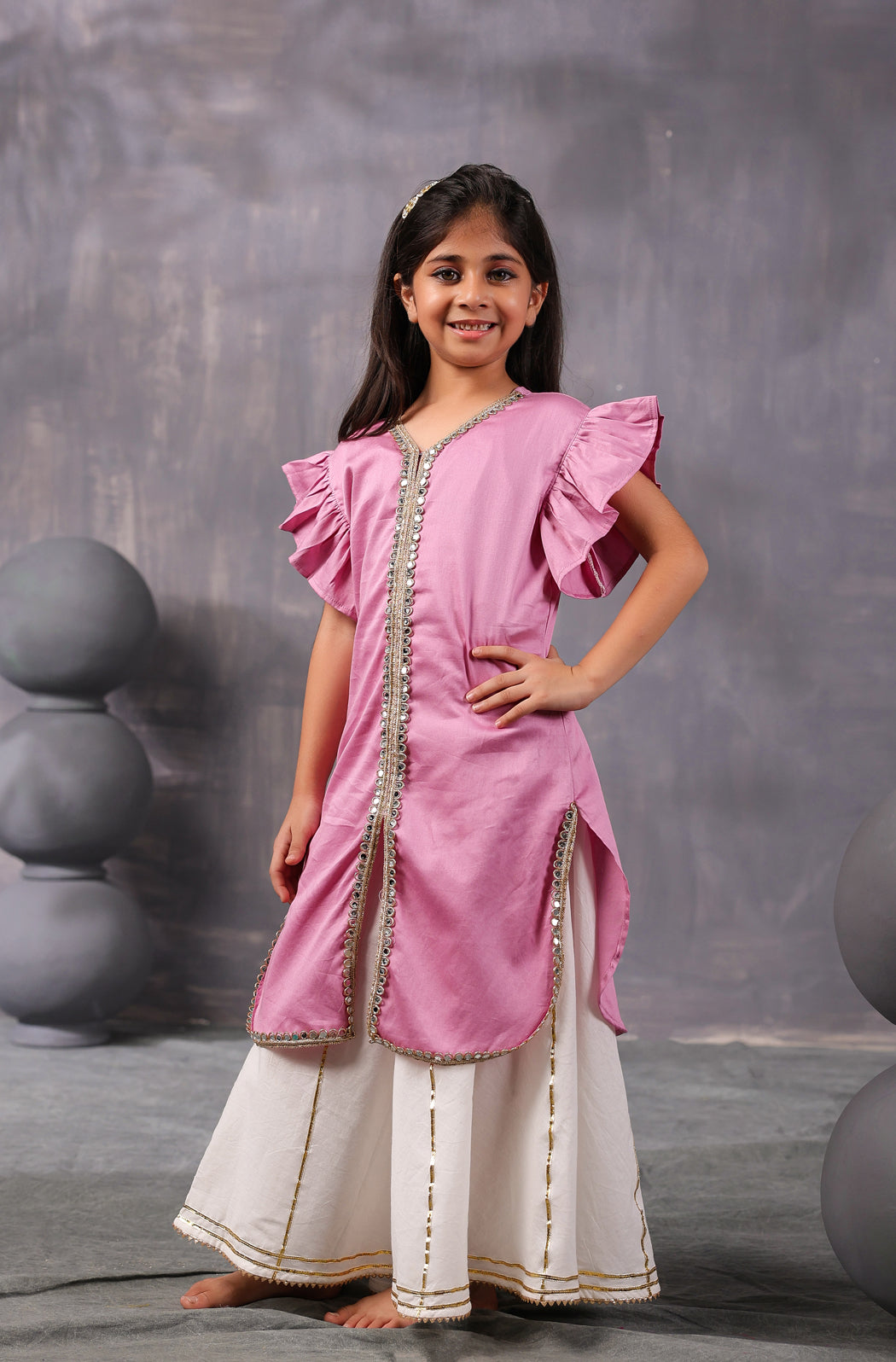 Girl Mirror Kurta Set- Wine