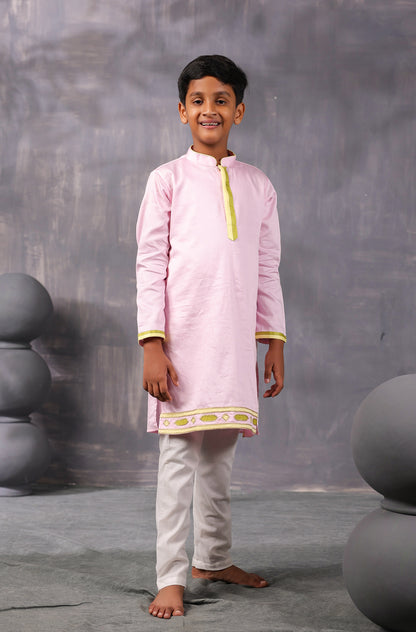 Boy Appliqued Kurta Pyjama Set- Baby Pink