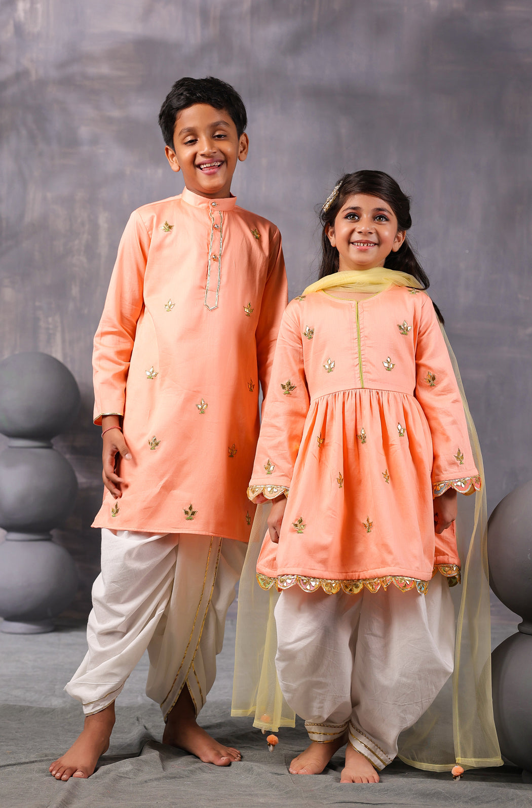 Boy Gota Kurta Set- Peach