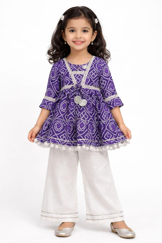 Girl Printed Bandhani Pallazzo Set -Purple