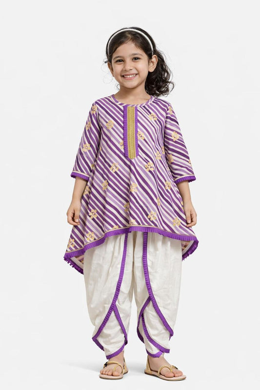 Girl Printed Bandhani Dhoti Cowl Set - Purple