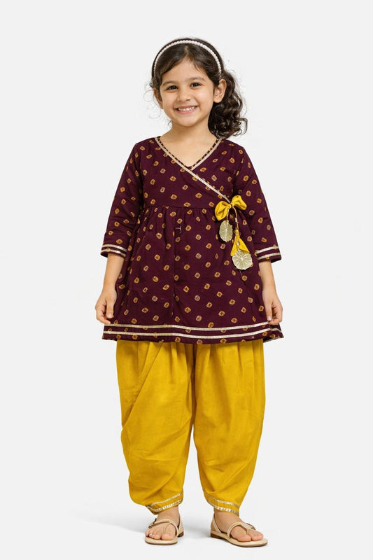 Girl Printed Bandhani Dhoti Cowl Set - Wine