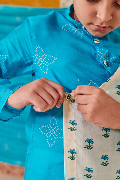 Boy Bandhani Kurta Set - Turquoise