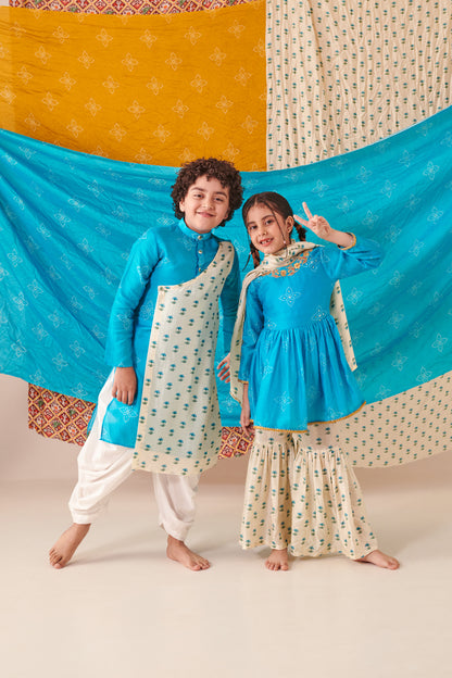 Boy Bandhani Kurta Set - Turquoise