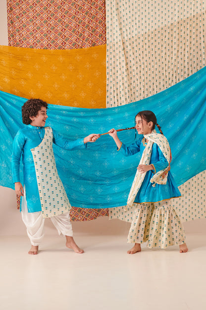 Boy Bandhani Kurta Set - Turquoise