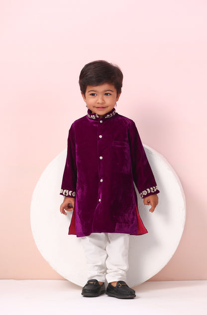 Boy Velvet Sherwani Kurta Set-Purple