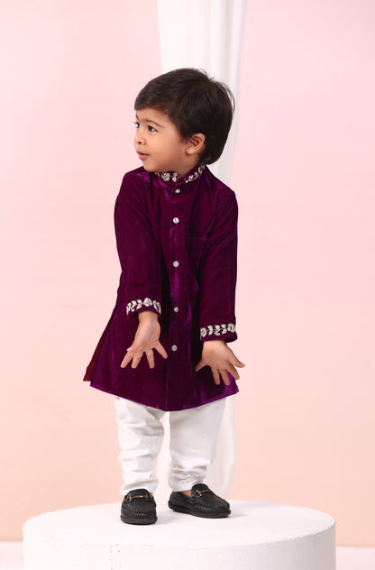 Boy Velvet Sherwani Kurta Set-Purple