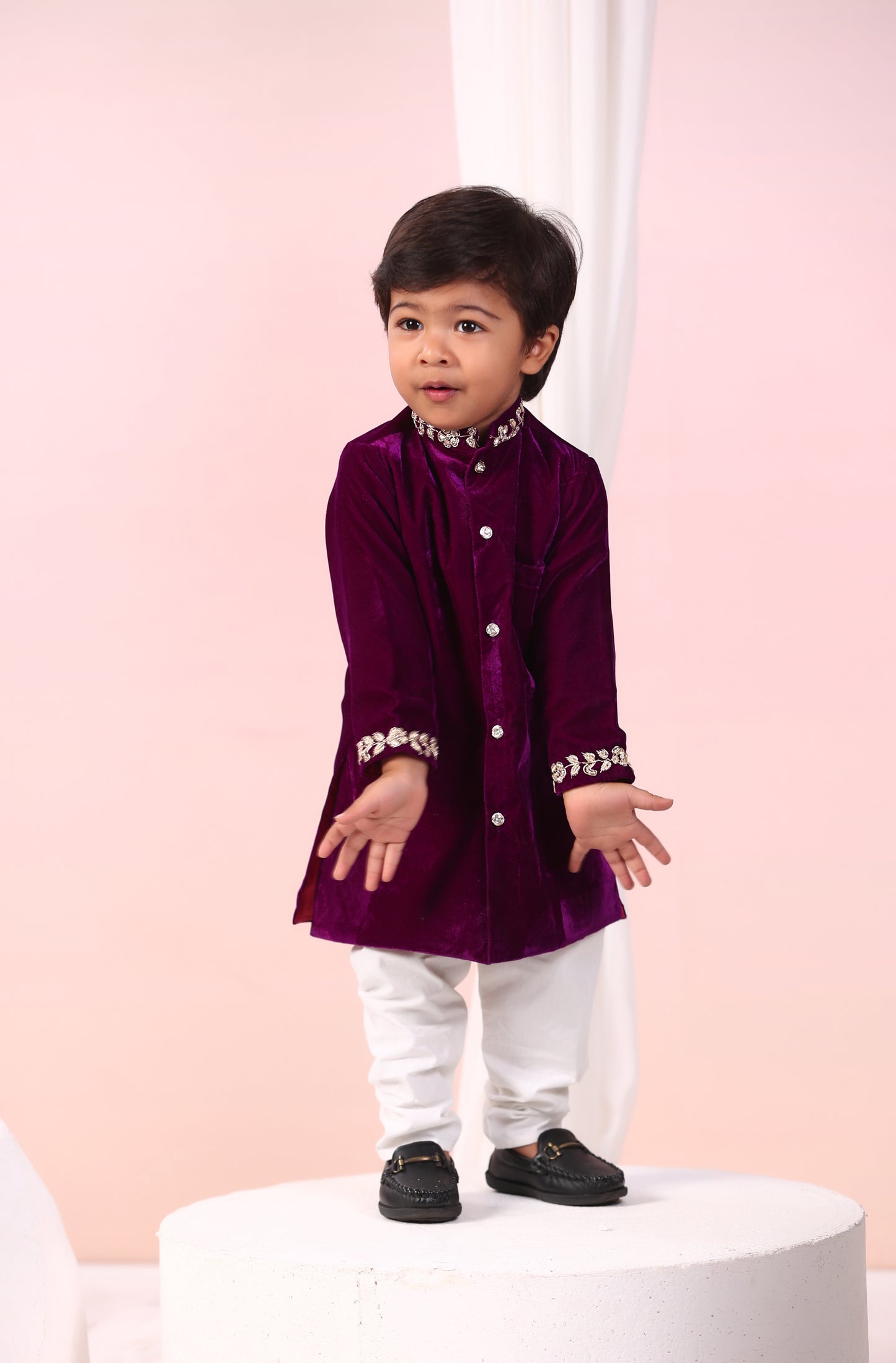 Boy Velvet Sherwani Kurta Set-Purple