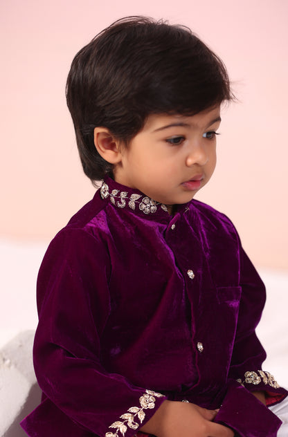 Boy Velvet Sherwani Kurta Set-Purple