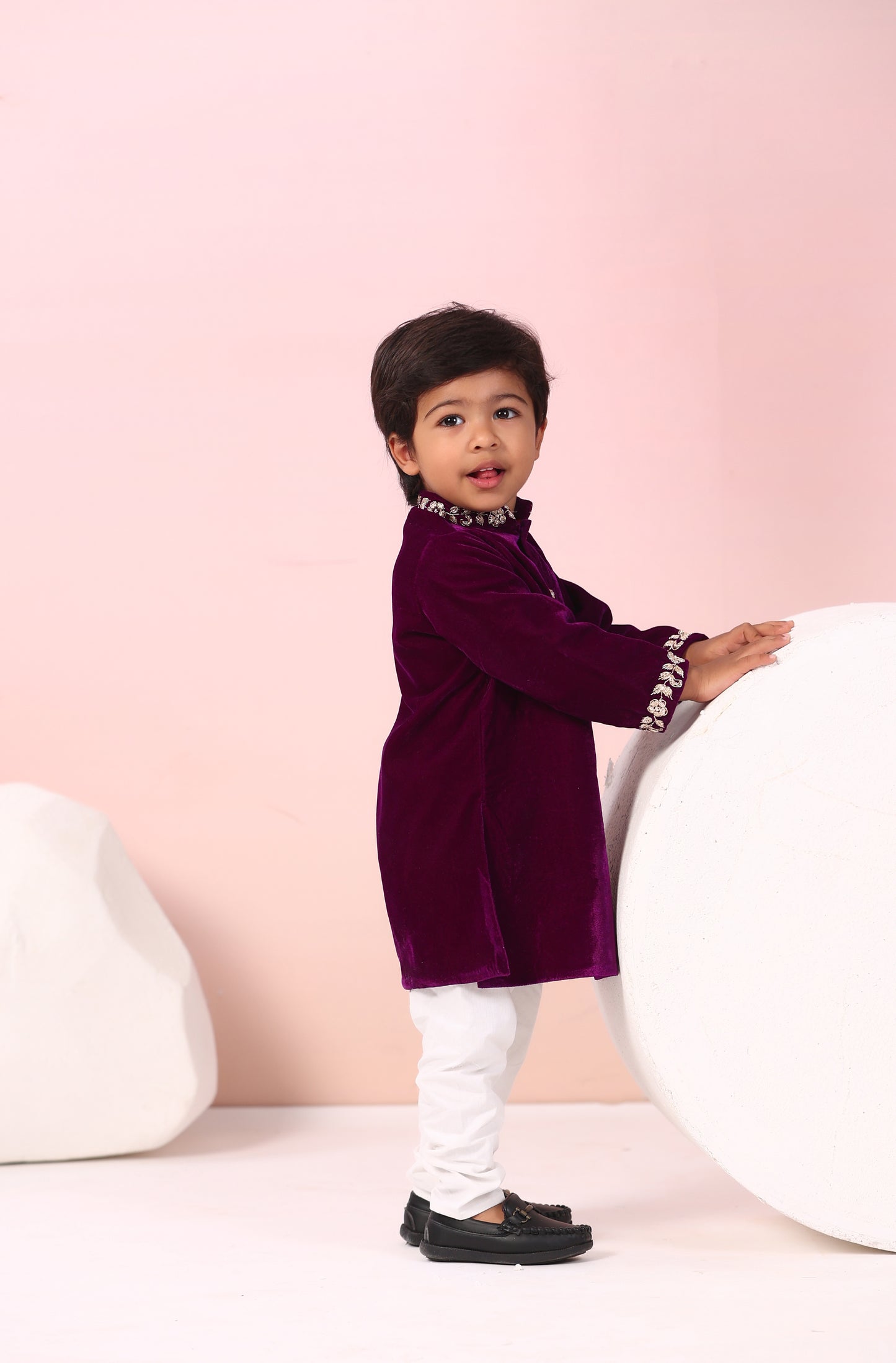 Boy Velvet Sherwani Kurta Set-Purple