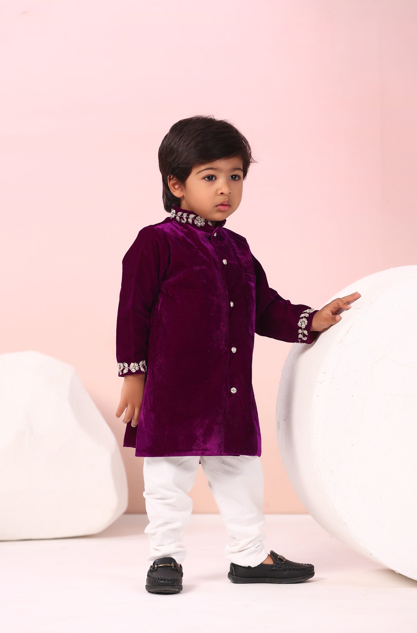 Boy Velvet Sherwani Kurta Set-Purple