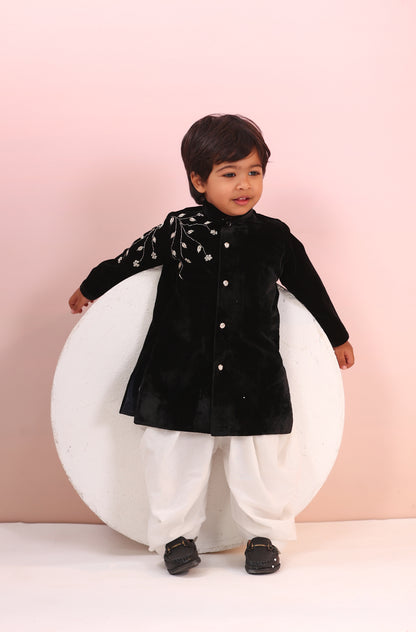 Boy Velvet Sherwani Kurta Set-Black