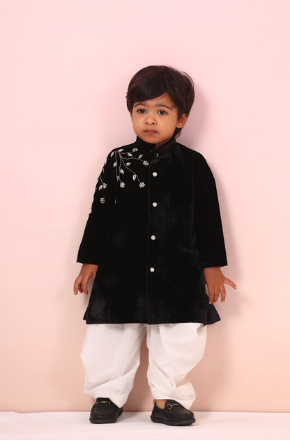 Boy Velvet Sherwani Kurta Set-Black